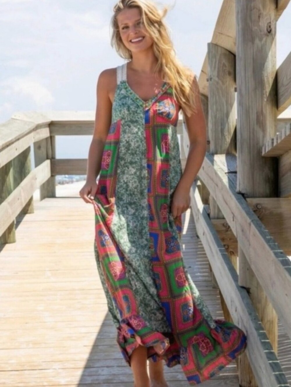 Natural Life Amina Beaded Crochet Maxi Dress M Patchwork M